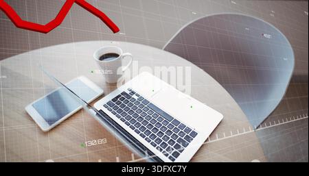 Displaying silver laptop centered on round table at cafe showing tablet smartphone coffee red graph Stock Photo