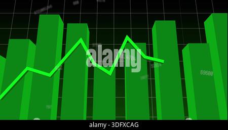 Displaying green 3D bar chart rising on dark gridded plane, with neon lime line and labels Stock Photo