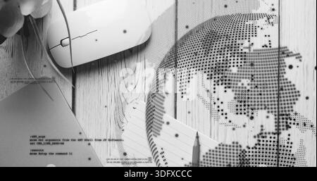 Displaying dotted globe overlaying right desk with mouse, laptop, notepad, pencil, code, copy space Stock Photo