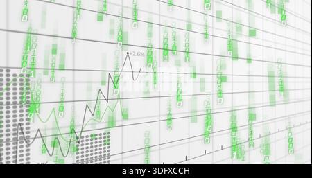 Showing data dashboard on receding gray grid, featuring falling green binary digits and +2 Stock Photo
