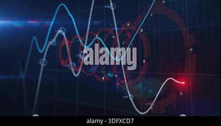 Displaying cyan, light blue, white line graphs in virtual HUD, with red rings and illuminated nodes Stock Photo
