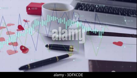 Centering white cup on saucer, sitting on pale desk at work, with red hearts and charts Stock Photo