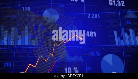 Displaying central rising orange red line chart on finance screen, showing dotted globe, bars, pie Stock Photo