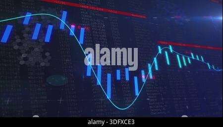 Displaying market chart tracking dip then recovery on trading dashboard, with teal line and candles Stock Photo