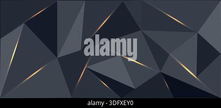 Dark geometric pattern with triangular shapes in gray and black tones featuring thin golden light line Stock Vector