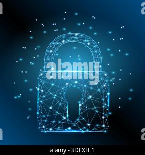 Wireframe padlock icon constructed from interconnected glowing points and lines against a deep blue background Stock Vector