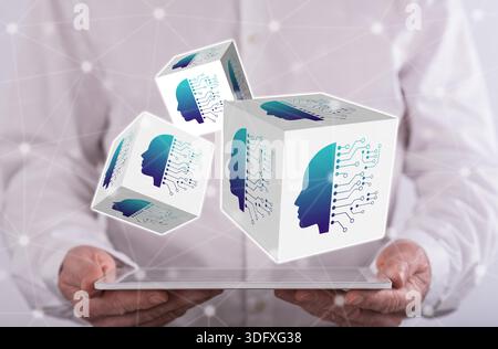 Machine learning concept above a tablet held by a man in background Stock Photo