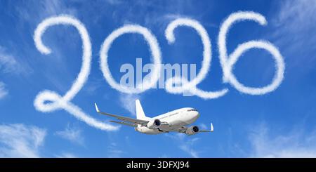 Happy New year 2026 concept enjoy travel on the blue background below cloudscape. Drawing by passenger airplane vapor steam contrail in sky Stock Photo
