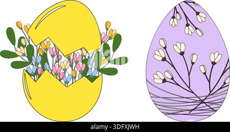 Spring Easter bouquet with Blossom flowers and leaves in Cracked Eggshell and Egg with Sprigs decor. Isolated Vector illustration Easter Related Content Spring Season Thematic Cards Greetings, leaflet Stock Vector