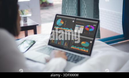 Businesswoman working on laptop in bed showing financial analysis dashboard. Concept of remote work, digital marketing statistics, data visualization, Stock Photo