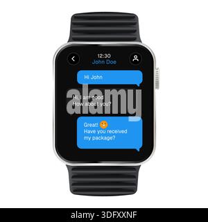 realistic smartwatch vector illustration dark mode text messaging app interface speech bubbles user interface design and mobile communication Stock Vector