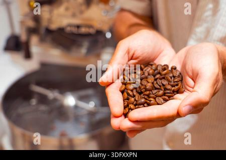 Worker inspects fragrant roasted coffee beans taking them in his hands at production plant close up. Stock Photo