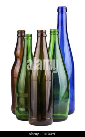 five empty bottles isolated on white background Stock Photo - Alamy