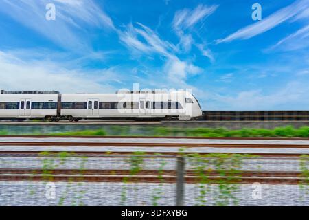 Speed modern commuter train, motion blur rides among the fields and green vegetation. with blue sky clouds, side view Stock Photo