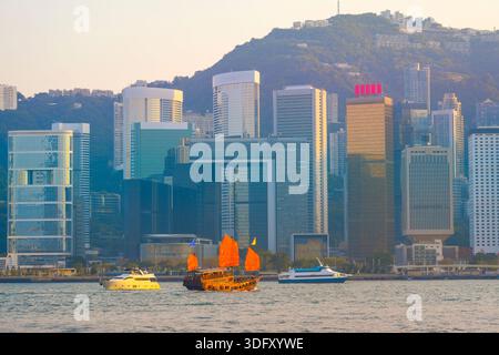 City urban, sailing sailboats evening sunset view of tall glass skyscrapers in the financial district building, a symbol of the region's economic deve Stock Photo