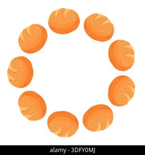 Turkish stuffed bun wreath in cartoon style. Turkey pogaca with sesame. Traditional bakery, fresh pastry, baked goods with seeds sprinkles for Stock Vector