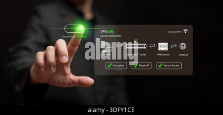 Hand turns on VPN connection, showing encrypted tunnel, private IP, secure virtual private network, privacy protection, data encryption, internet secu Stock Photo