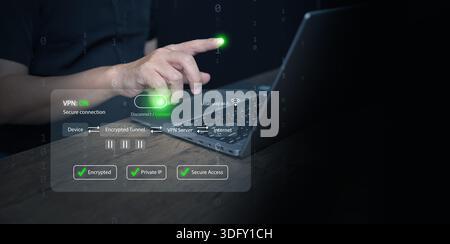 Hand turns on VPN on laptop, showing virtual private network, secure connection, cybersecurity, data encryption, internet security, online safe browsi Stock Photo