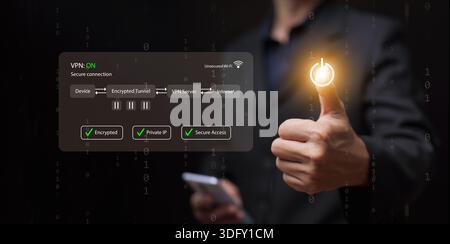 Virtual private network concept. Businessman giving thumbs up with a power icon and a VPN interface. Secure connection, encrypted tunnel, safe IP, and Stock Photo