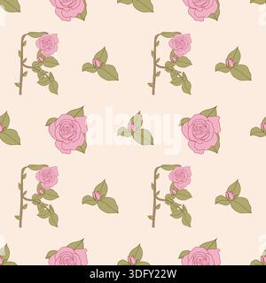 Seamless floral pattern with pink roses on stems and buds on pastel background Stock Vector