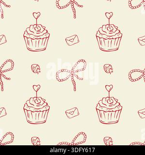 Seamless pattern with romantic doodle drawings in line art. Valentine s Day outline illustration Stock Vector