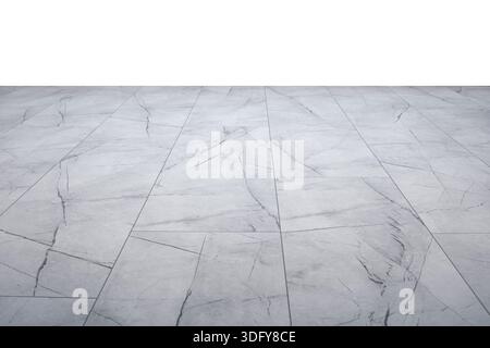 Clean white marble tiles with natural gray veining, spacious and minimal, ideal for backgrounds, product presentations, and advertising design. Stock Photo