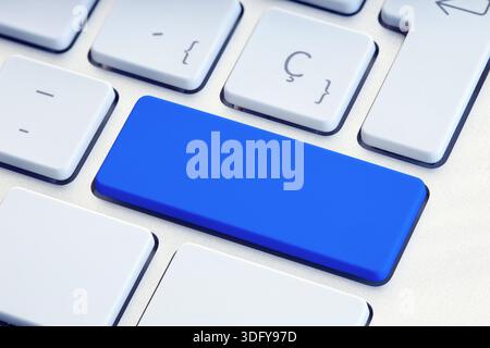 Blue blank key on white computer keyboard mockup Stock Photo