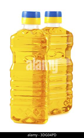 Pair of plastic bottles with vegetable oil isolated on a white background Stock Photo