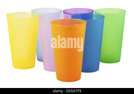 Plastic cups of various color isolated on white background Stock Photo
