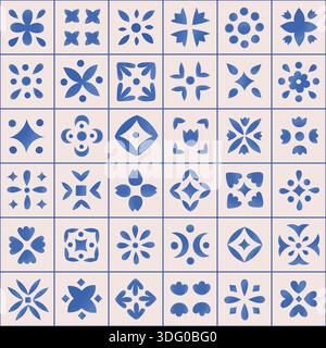Watercolor blue botanical ornamental tile seamless pattern. Floral vector geometric design with cute flowers. Damask style background. Stock Vector