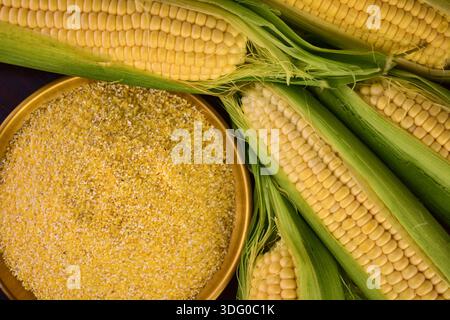 Corn grits in a bowl against a background of fresh corn on the cob. The concept of producing cereals from grains, corn products. Stock Photo