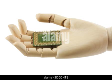 Wooden hand holding a processor, isolated on white background Stock Photo