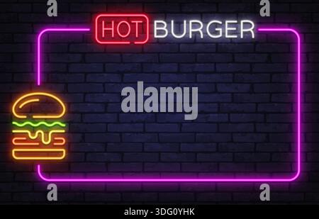 Neon hot burger frame with glowing fast food icon. Ideal for street food menus, cafe banners, or restaurant advertising. Stock Vector