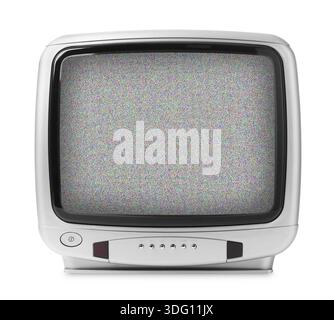 Old TV with static noise pattern on screen. White background Stock Photo