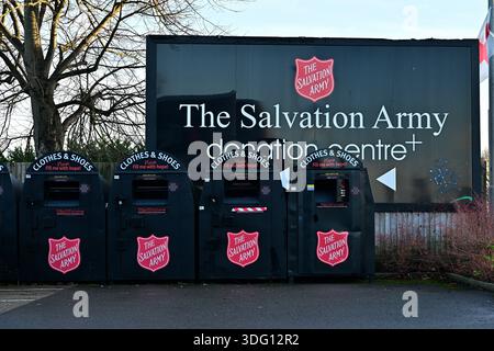 Lichfield, UK - December 10, 2025: Salvation Army clothing donation bins outside community charity centre Stock Photo