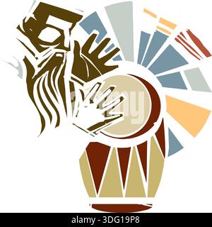 Woodcut expressionist style man playing the drums. Stock Vector