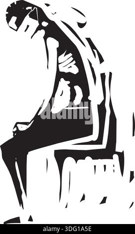 Woodcut expressionist style image of a Poor third world man in a mask sitting and waiting Stock Vector