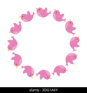 Round frame with pink birds. Isolated white background. Flat-style vector illustration. Stock Vector