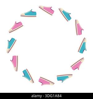 Round frame blue and pink sneakers. Isolated white background. Flat style vector illustration. Stock Vector