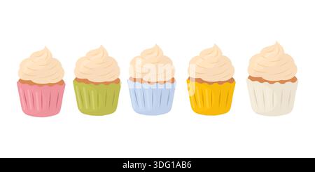 A set of five cupcakes in different colors with a creamy topping. Illustration in a flat vector style with soft tones. Suitable for packaging design Stock Vector
