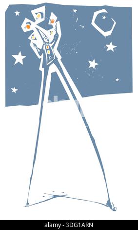 Expressionistic style woodcut image of a Circus clown on stilts juggling balls in a performance beneath the moon. Stock Vector