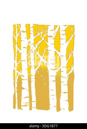 Woodcut style illustration of golden leaved aspen trees in autumn. Stock Vector