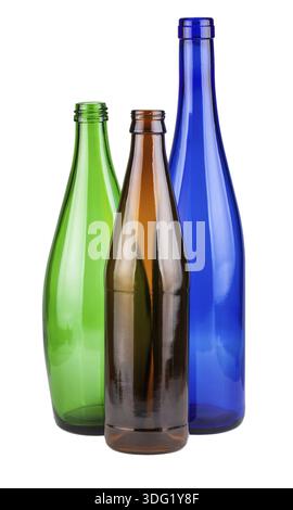 Three empty beer bottles against a white background Stock Photo - Alamy