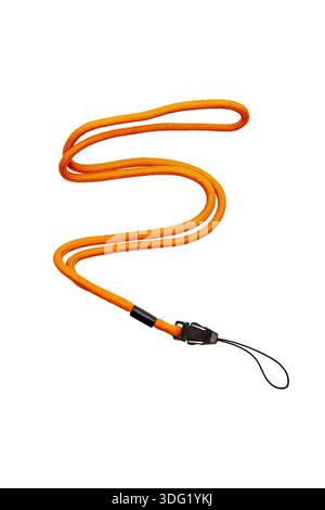 Bright orange textile lanyard with a black plastic buckle and thin loop on a white background. Stock Photo