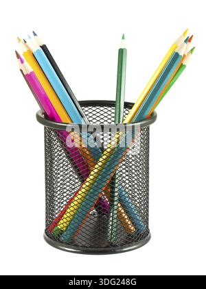 Colored pencils in a black metal stand isolated on white Stock Photo