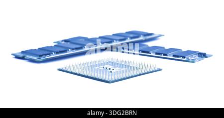 Processor and two memory modules on white background Stock Photo