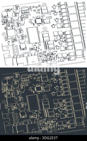 Video card's PCB and its components close-up  isometric drawings stylized vector illustrations Stock Vector