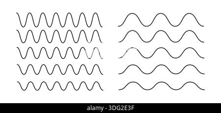 Wavy and zigzag horizontal underline vector illustration. Waves line collection. Set of wavy lines. Wave ornament pattern. Wave thin line background. Stock Vector