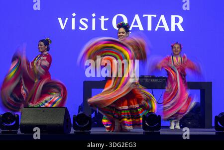 Doha, Qatar. 14th Jan, 2026. Mexican artists perform during the 15th Qatar International Food Festival at the 974 Stadium in Doha, Qatar.The Food Festival runs until Jan. 24 Credit: SOPA Images Limited/Ģ����ý Live News Stock Photo