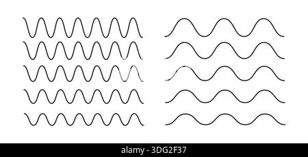 Wavy and zigzag horizontal underline vector illustration. Waves line collection. Set of wavy lines. Wave ornament pattern. Wave thin line background. Stock Vector